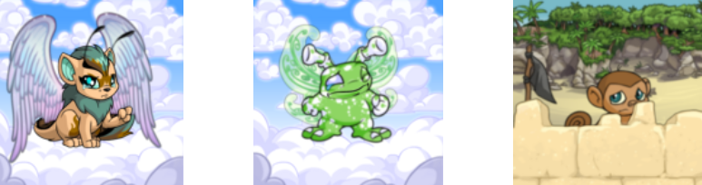 three Neopets from left to right: a teal and tan hyena-like animal with angel wings, a green and white speckled alien with fairly wings, and a tan and brown monkey behind a sand castle wall